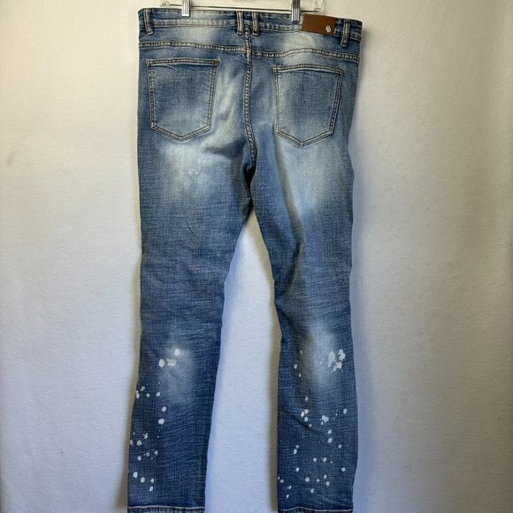 Crysp Denim Jeans Mens 38 x 33 distressed thrashed straight leg light wash moto - Picture 5 of 8